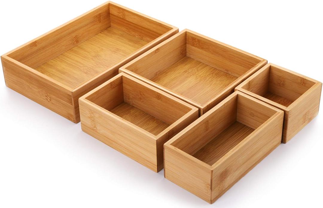 Lawei Set of 5 Bamboo Drawer Organizer Boxes, Desk Storage Box Kit, Drawer Storage Containers Tray Bins for Office, Kitchen, Bedroom, Children Room, Craft, Sewing