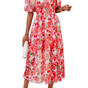 Spring Summer Floral Dresses for Women 2025 Chiffon Empire Waist Puff Sleeve Midi Beach Sundress Boho Vacation Outfits, XL