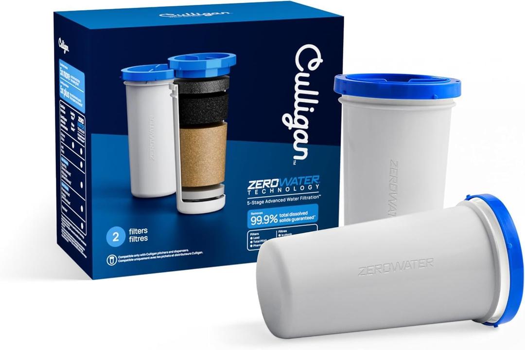 Culligan with ZeroWater Technology Replacement Filter 2-Pack, 5-Stage Advanced Water Filter IAPMO Certified to Reduce Lead, Total PFAS (Forever Chemicals), Mercury, Fluoride, and Chlorine