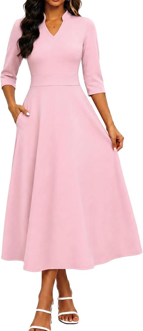Womens 3/4 Sleeve V-Neck Midi Dress with Pockets A-Line Fit and Flare Tea Length Modest Formal Wedding Guest Church (M)