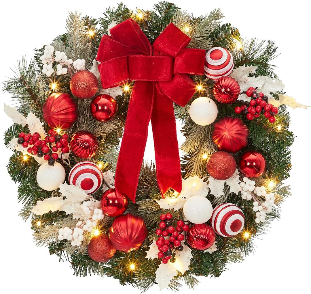 Garveehome 24 in Christmas Wreath With Lights for Front Door, Pre-Lit Christmas Wreath, Battery Operated, Lighted Xmas Door Wreath with Ball Ornaments for Christmas Door Fireplace Decor, Red and White