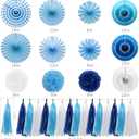 Blue Party Decorations Hanging Paper Fans Pom Poms Flowers Tissue Tassel Garland for Elephant Shark Theme Kids Birthday Baby Shower Graduation