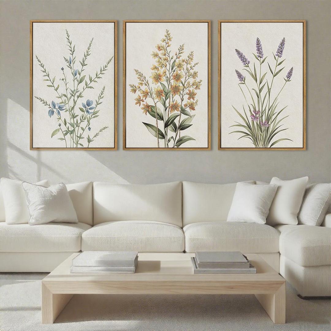 Anyzal Framed Minimalist Botanical Wall Art Large Neutral Floral Art Prints Modern Beige Wildflower Wall Decor for Living Room Bedroom Dining Room Office 16x24x3 (24L" x 16W")