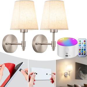 YHCDLAMP Peel and Stick Wall Sconces, No Drilling Stick On Wall Sconce, Wireless Battery Operated Wall Lights, Adhesive Wall Lamp with 10000mAh Battery Bulb for Bedroom Living Room Decor (Nickel-11.8inch)