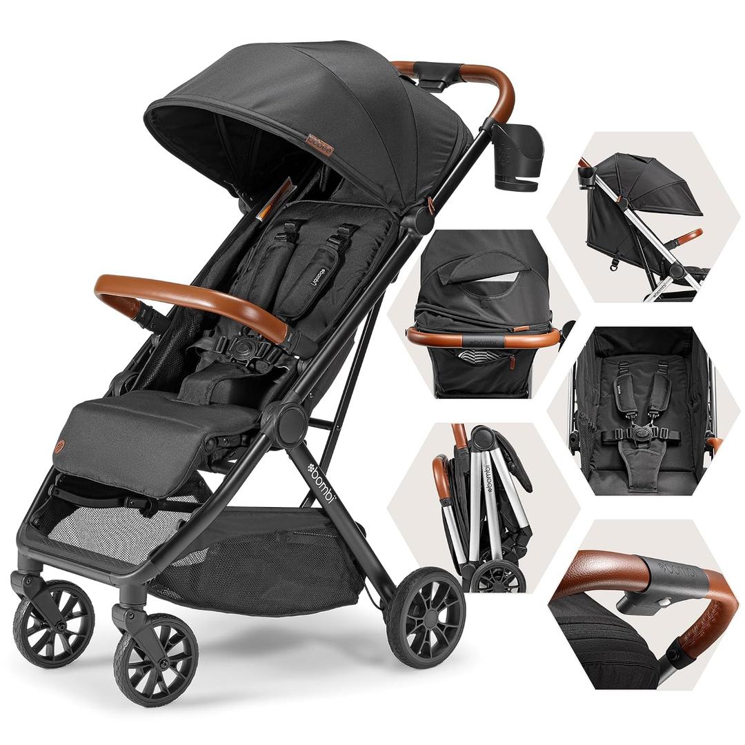 Bombi Bbee V2 Lightweight Baby Stroller - Premium Vegan Leather, One-Hand Fold, Infinite Recline, Aircraft-Grade Aluminum Frame, XXL Canopy, and Ample Storage Umbrella Stroller - Hickory