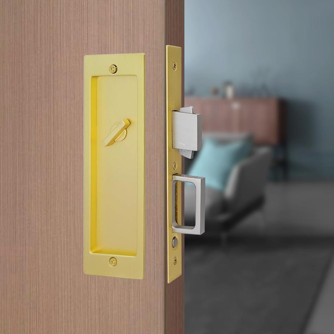 Modern Pocket Door Hardware Set - Privacy Lock with Finger Flush Pulls & Soft Close, for Sliding Barn Doors, Pocket Doors, Bedroom (Gold, Privacy)