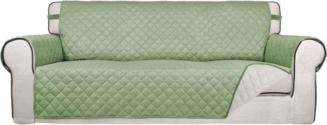 PureFit Reversible Quilted Sofa Cover, Water Resistant Slipcover Furniture Protector, Washable Couch Cover with Non Slip and Elastic Straps for Kids, Dogs, Pets (Sofa, Sage Green/Ivory) (Large)