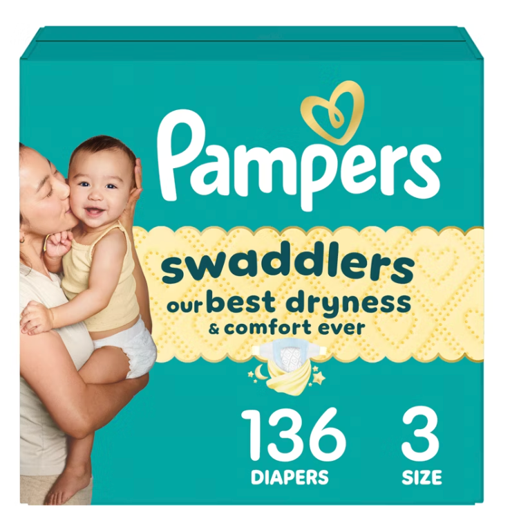Pampers Swaddlers Diapers, Size 3 (13-26 lbs), 136 Count, Absorbent, Keeps Baby Dry and Comfortable, Skin Safe Disposable Baby Diaper 