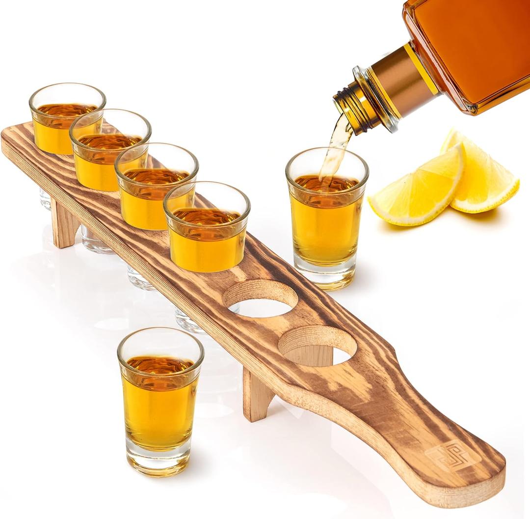 Shot Glass Holder Tray Bulk Set - Pine Wood Shot Board & 6 Pc Shot Glasses Set for Serving Drinks - Rustic Boho Decor - Tequila Glasses with Wooden Tray for Restaurant, Bar, Party (Rustic Burnt Deluxe)
