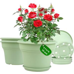 Pottiffe 16 inch Plastic-Flower-Pot-for-Indoor-Plants, 4 Pack Large Outdoor Planter Pot with Drainage Holes & Saucers, Resin Decorative Garden Pots Planters