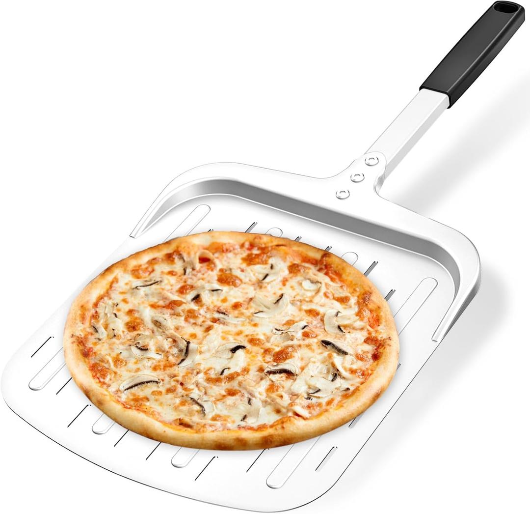 Professional 12-Inch Perforated Aluminum Pizza Peel - Metal Pizza Paddle Spatula with Silicone Handle for Launching, Turning & Retrieving - For Home Kitchens & Outdoor Ovens