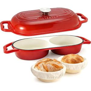 DIY Double Dutch Oven for Sourdough Bread Baking Enamel Cast Iron Bread Baker with Lid, Bake Two Different Loaves at Once, 500F Oven Safe, Includes 25" Banneton Proofing Baskets