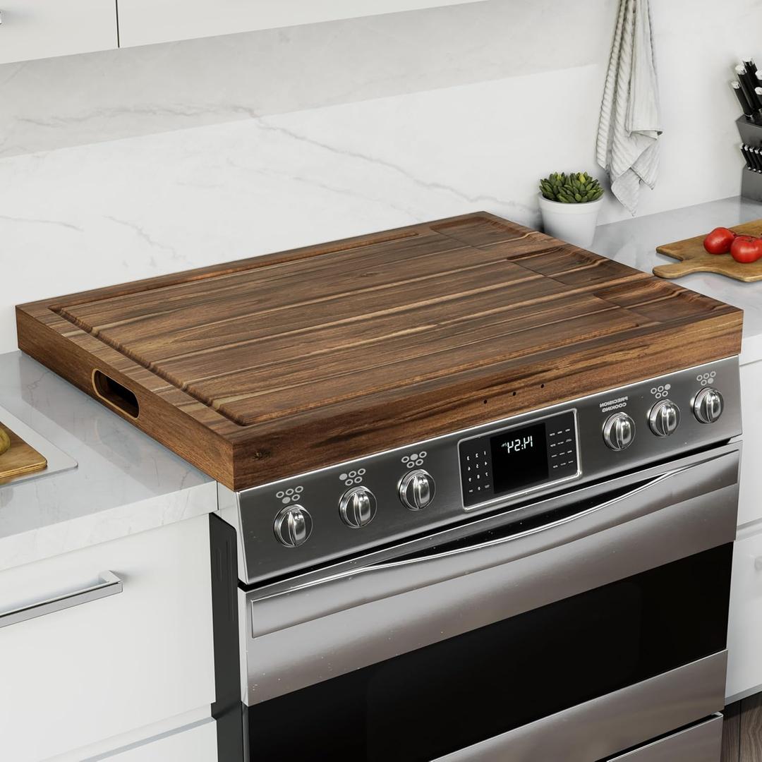 BLUEWEST Noodle Board Stove Cover with Handles, 3 in 1 Wood Stove Top Covers Board for Gas Burners and Electric Stove, Wooden RV Stovetop Cover, Tray for Kitchen Counter Space with Juice Grooves (Walnut)