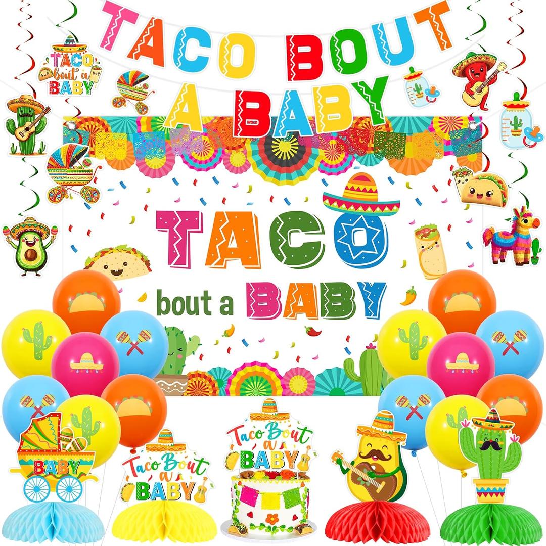 JOYMEMO Mexican Fiesta Baby Shower Decorations, Taco Bout A Baby Backdrop Banner Centerpieces Cake Topper Hanging Swirls with Printed Balloons, Mexican Fiesta Decor for Pregnancy Themed Party