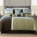 Chezmoi Collection 7-Piece Quilted Patchwork Comforter Set, Coffee Brown/Aqua Blue/Sage Green, California King