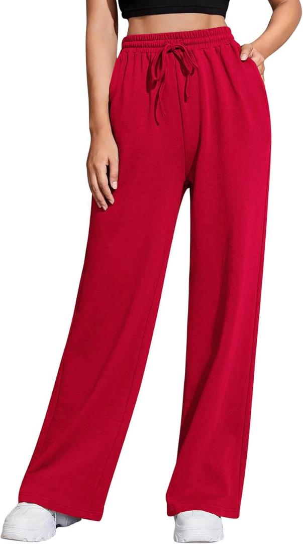 Wide Leg Sweatpants for Women Elastic High Waisted Drawstring Loose Pants with Pockets (Large, Red)