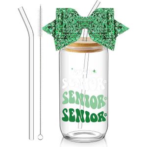 Hushee Class of 2027 Senior Night Gifts 16 oz Glass Water Bottle with Lids Straws Glitter Bow Straw Topper Senior 2027 Tumbler Graduation Gift for Her Women Team Coach Player(Green)