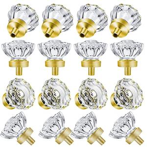 SHINY HANDLES Satin Brass Knobs for Cabinet, Crystal Gold Cabinet Pulls Vintage, Glass Knobs and Pulls for Dresser Drawer, Kitchen Bathroom(Round, Satin Brass, 16 Pack)