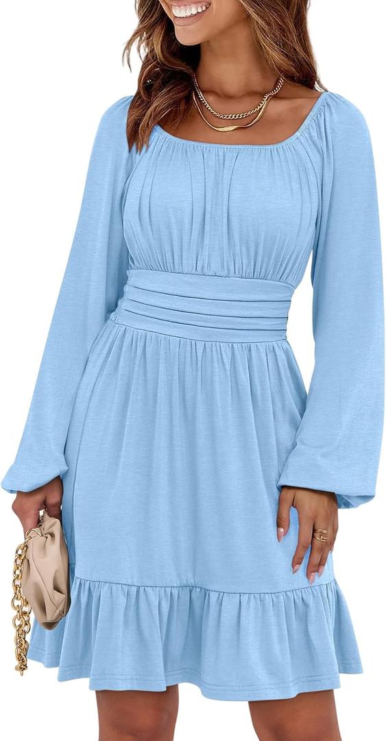 ANRABESS Womens Dress Long Lantern Sleeve Square Neck Elastic Waist Ruffle Flowy Swing A-Line Short Dresses 2025 Fall Fashion Light Blue Medium