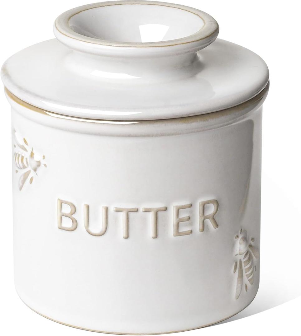 LE TAUCI Butter Crock, Butter Dish with Lid, Butter Container for Counter with Water Line, Embossed French Butter Keeper for Spreadable Butter, Suit For Housewarming - Set of 1, Arctic White, Bee