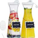 Glass Pitcher, 1 Liter Carafe for Mimosa Bar, 2 Pcs, Square Pitcher with Lid and Spout, Juice Container for Fridge, Cold Brew, Milk, Water Dispenser, Tea, Creamer, Sangria (3 Lids & 2 Spouts)