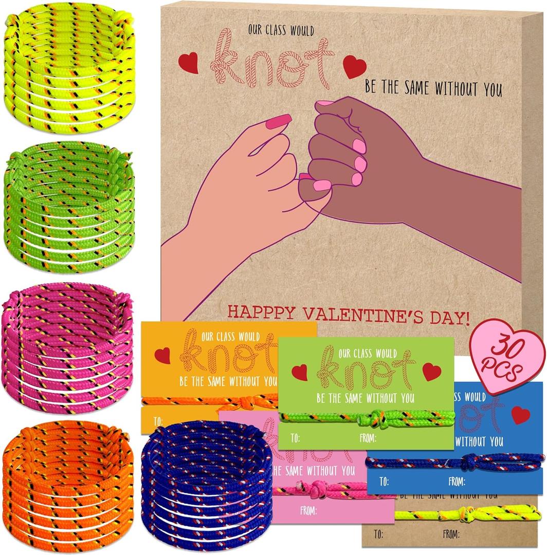 Valentines Day Gifts for Kids Classroom from Teacher to Student - 30 Pack Bulk Knot Friendship Bracelet Valentines for 3rd 4th 5th Grade, Non Candy Valentine Party Favors for School Class Exchange