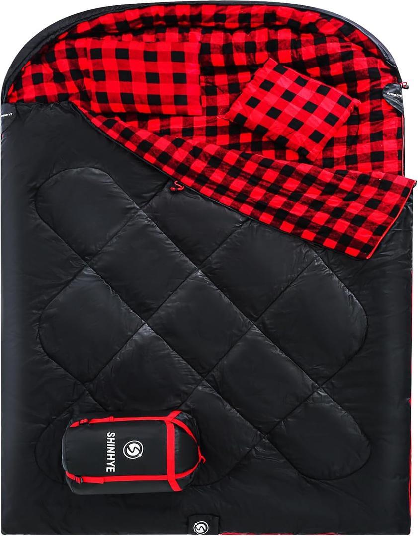 ShinHye Double Sleeping Bag for Adults with 2 Pillows, Camping Sleeping Bags Flannel Cotton 2 Person Sleeping Bags XXL Queen Size Sleeping Bag for Cold Weather (Black1)