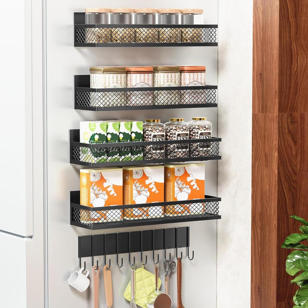 Magnetic Spice Rack for Refrigerator, 5 Pack Magnetic Shelf for Refrigerator, Moveable Fridge Magnetic Spice Racks with 10-Hook Rack for Kitchen Organizers and Storage (Black)