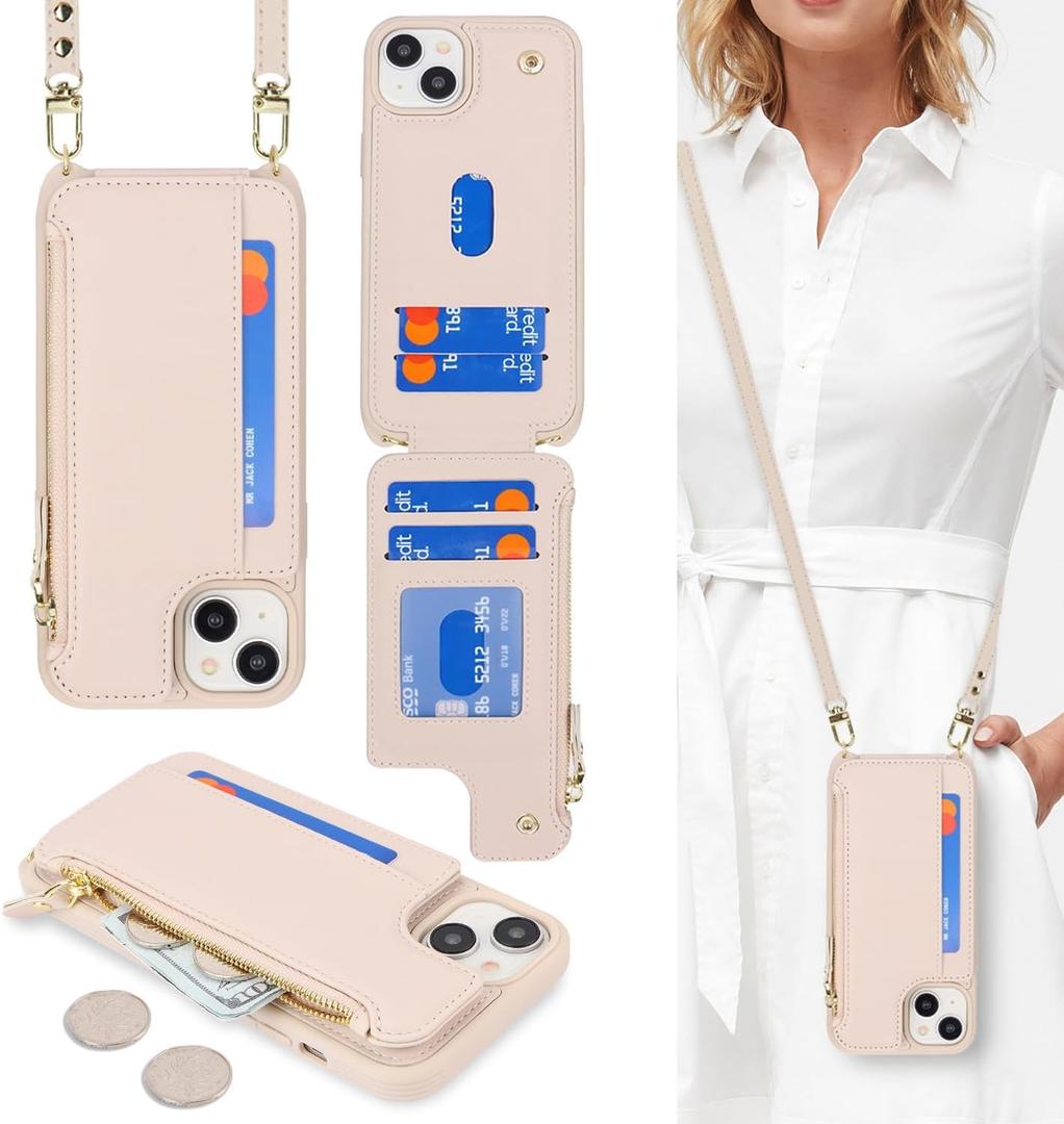 Cavor for iPhone 13 Wallet Case with Card Holder for Women,for iPhone 13 Case with Strap,Crossbody Lanyard and Wristlet Zipper Pocket Phone Cover-Cream