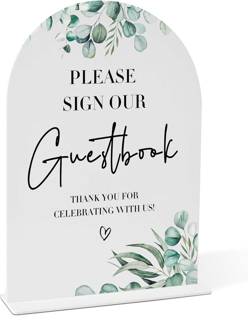 Greenery Please Sign Our Guestbook Sign, 8 x 11 Inch White Arch Acrylic Wedding Sign with Holder, Wedding Sign for Ceremony and Reception, Wedding Decoration, Wedding Supplies - H20