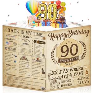 90th Birthday Card for Men Women, Funny 3D Pop Up 90th Birthday Gifts for Grandma Mom Dad, Back In 1936 Happy 90 Year Old Birthday Decorations Cards for Her Him, Classy Vintage