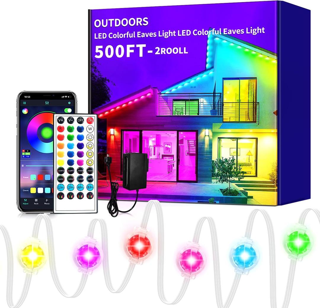 500ft Permanent Outdoor Light,RGB Eave Lights Music Sync IP67 Waterproof Outdoor Eave Lights Lighting, can be Used for Garden,House,Party,Holiday Decoration2 Rolls of 250ft