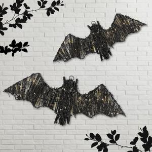 Glooglitter 2 Pack Rattan Bats with Hanging Loops Halloween Lights 3D Lit Woven Bats with Timer Remote for Rustic Modern Farmhouse Decorations