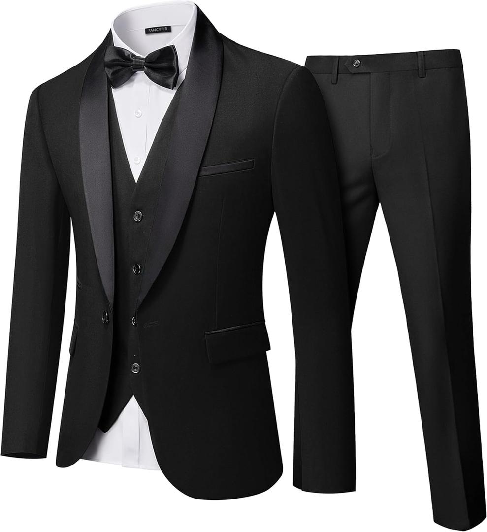 Men's Slim Fit 3-Piece Tuxedo Set, One Button Shawl Collar Jacket Vest Pants for Party, Business and Wedding (Black)