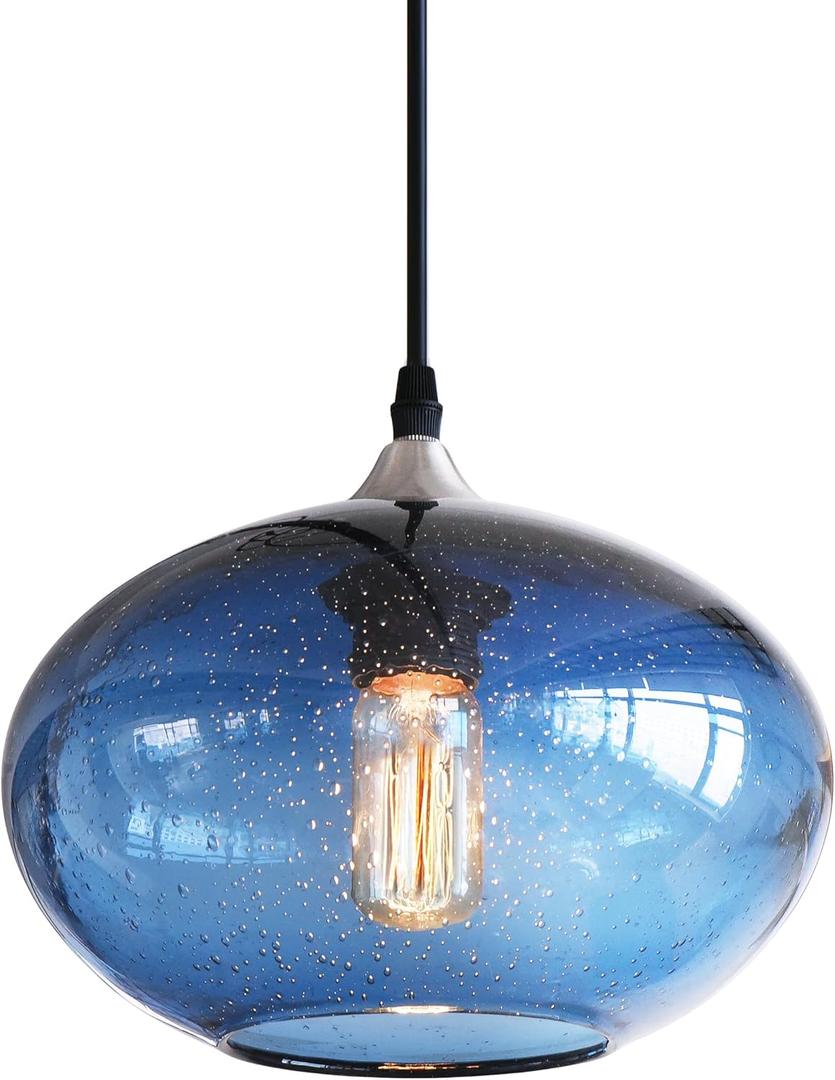 ARIAMOTION Pendant Lighting for Kitchen Island Blue Glass Modern Hanging Light Fixtures Seeded Bubble Over Sink 9.4 Inch Diam
