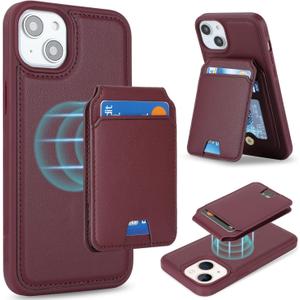 for iPhone 15 Plus Wallet Case magsafe Compatible with Card Holder for Women Men 2 in 1 Detachable Magnetic Shockproof Phone case Stand Leather Credit Card Slots-Wine Red