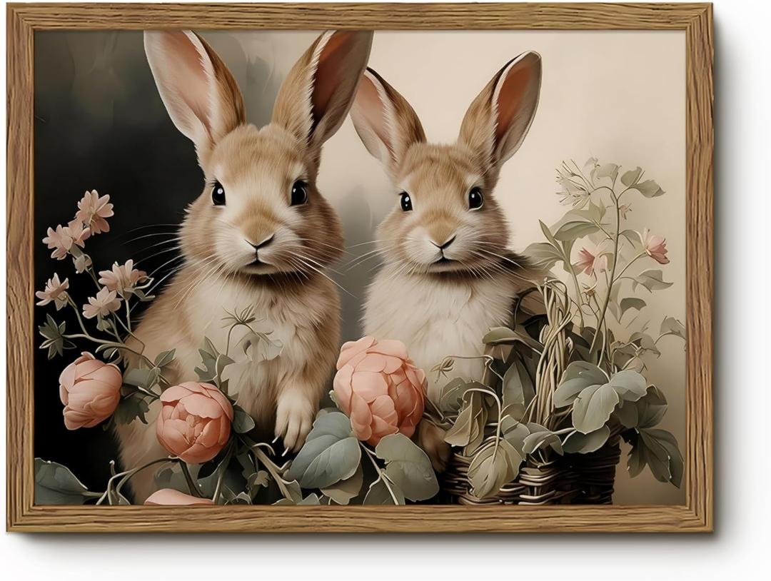 Framed Easter Bunny Wall Art, Cottagecore Rabbit Picture Wall Decor, Cute Animal Painting Canvas Prints, Vintage Flowers Artwork for Easter Decorations Kids Room Living Bedroom Home Decor 8x10 Inch