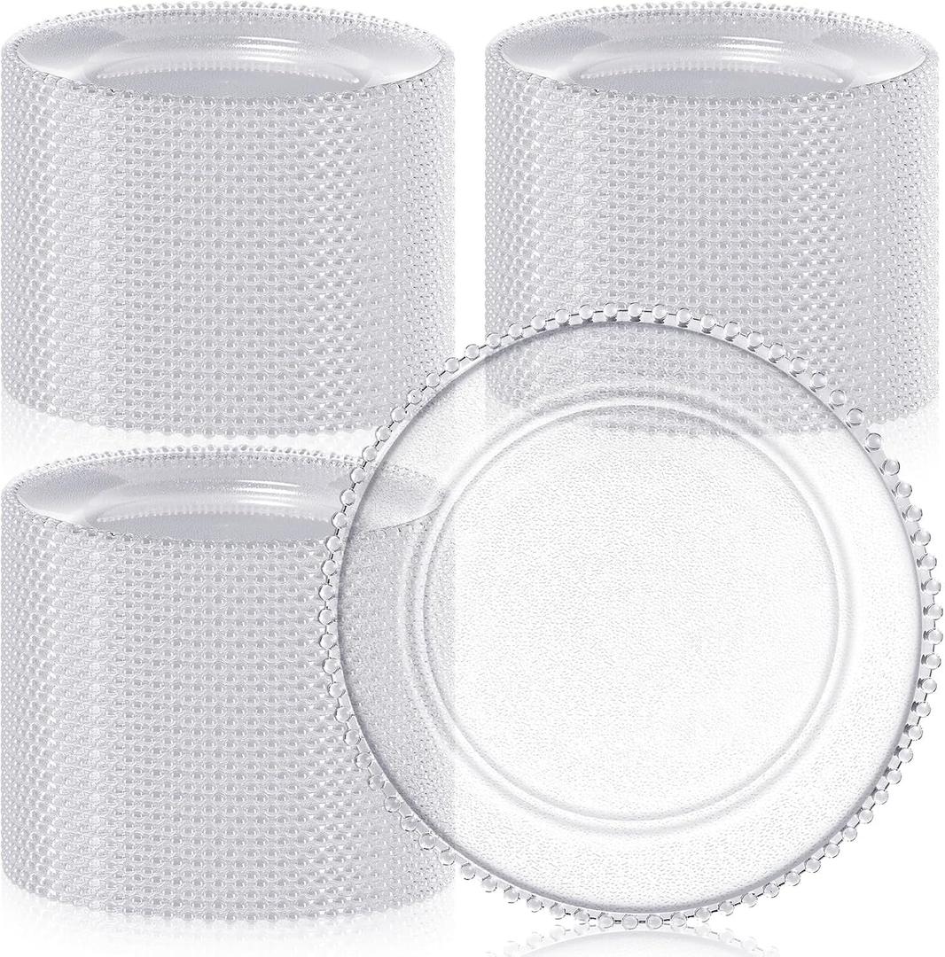 Hoolerry 100 Pack Clear Charger Plates Bulk 13 Inch Acrylic Round Dinner Charger Plates Beaded Frosted Grain Dinner Decorative Dishes for Wedding Party Events Home Kitchen Tabletop, (Clear,Beads)