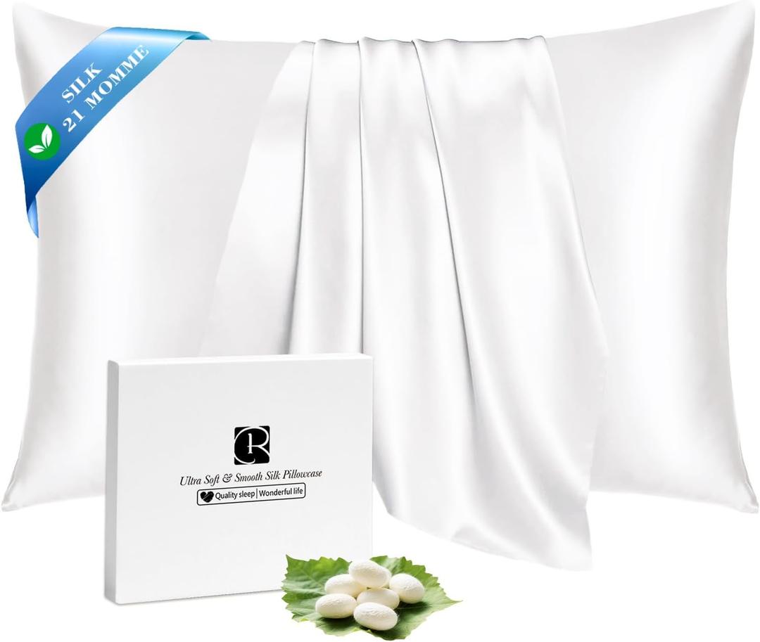 Ravmix 100% Silk Pillow Cases with Zipper, 21 Momme Mulberry Silk Pillowcase for Hair Skin Health, Soft Smooth Breathable Cool Pillow Cover for Beauty Sleep(Standard 20"x26", Ivory White) 1PC