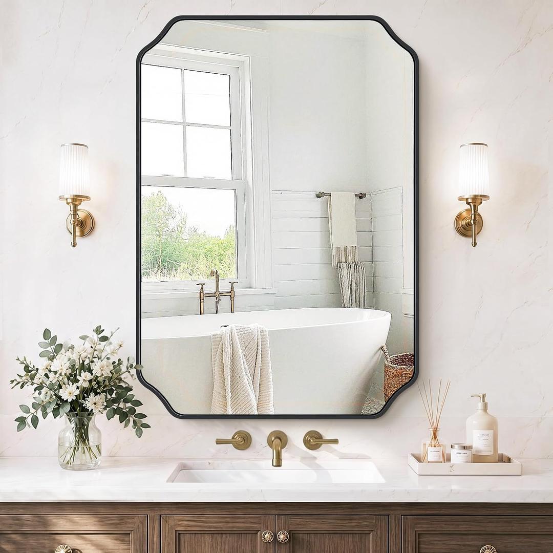 Vanity Bathroom Mirror, 28" x 40" Black Scalloped Mirror for Wall