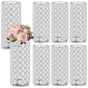 Dandat 8 Pcs Crystal Flower Vase for Wedding Table Centerpieces 7.87 in Crystal Pillar Candle Holder Metal Cylinder Flower Vase Stand for Wedding Decor Gifts Arrangement Event(Silver)
