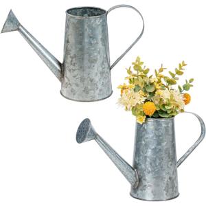 MyGift 7 Inch Small Rustic Galvanized Metal Decorative Vases in Vintage Style Watering Can Design for Dried Flowers and Artificial Plants, Set of 2 - Handcrafted in India