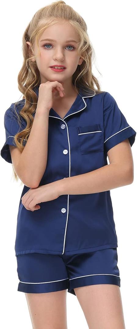 Veseacky Pajamas Unisex Kid Satin Pjs Set Girls Boys Silk Pajamas Set Short Sleeve 2 Piece Clasic Sleepwear (Navy,4t 5t)