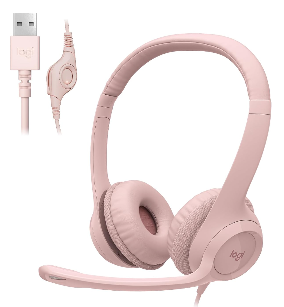 Logitech H390 Wired Headset for PC/Laptop, Stereo Headphones with Noise Cancelling Microphone, USBA, inLine Controls, Works with Chromebook  Rose