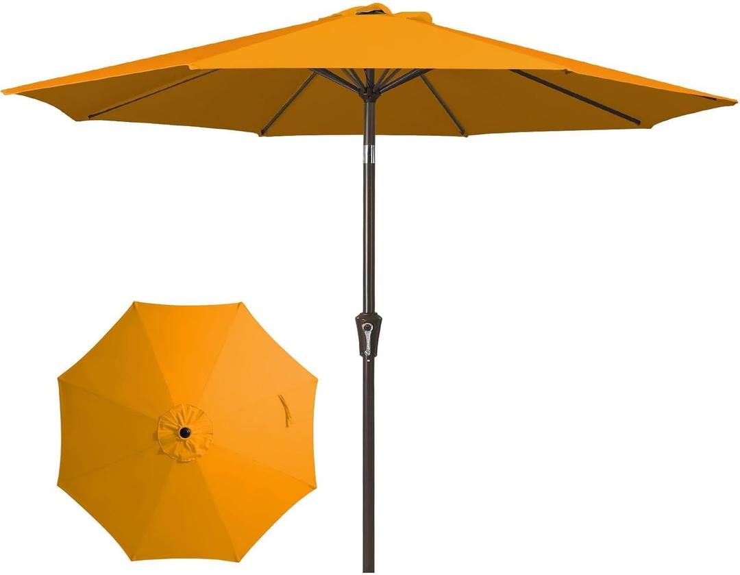 JEAREY 9FT Outdoor Patio Umbrella Outdoor Table Umbrellas with Push Button Tilt and Crank, Market Umbrella 8 Sturdy Ribs UV Protection Waterproof for Garden, Deck, Backyard, Pool (Sun Orange)