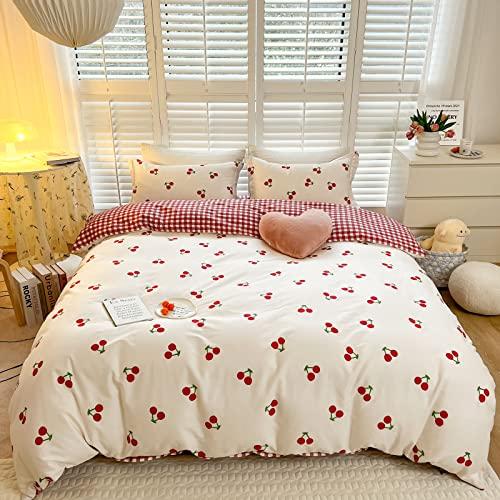 BlueBlue Cherry Kids Duvet Cover Set Twin 100% Cotton Bedding for Boys Girls Teens Cartoon Cute Red Cherries Pattern on White 1 Fruit Comforter Cover 2 Pillowcase (Twin)