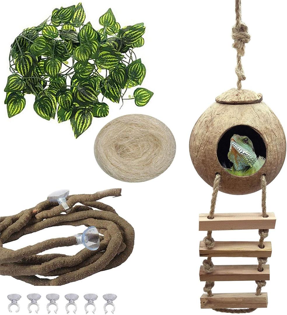 PINVNBY Crested Gecko Coco Hut with Ladder Natural Lizard Coconut Shell Hideout Home Mini Condo for Reptiles Durable Cave Habitat with Hanging Loop Coconut Texture Provide Food for Pets