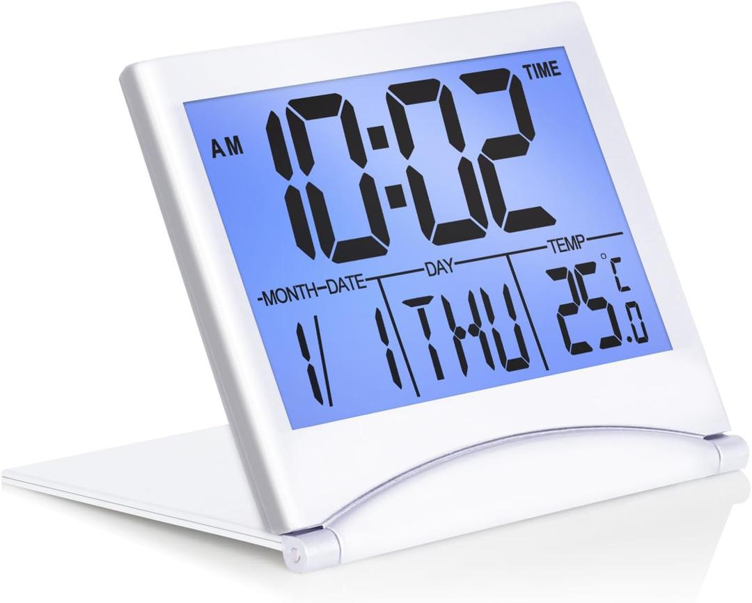 Betus Digital Travel Alarm Clock with White Backlight - Foldable Calendar Temperature Timer LCD Clock with Snooze Mode - Large Number Display, Battery Operated - Compact Desk Clock for All Ages