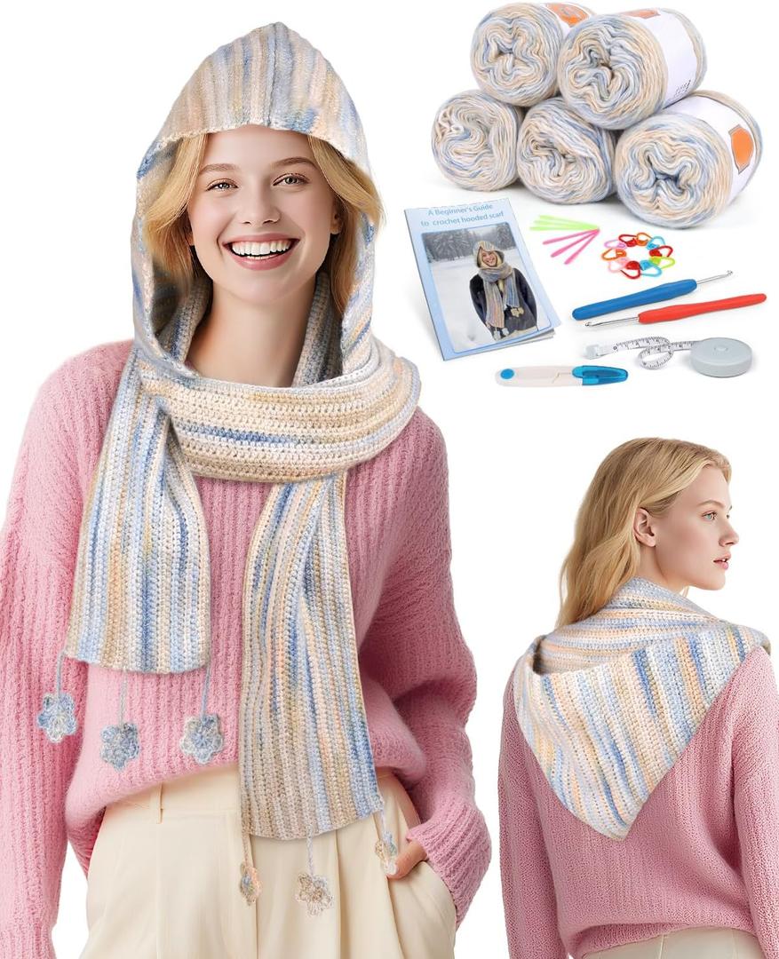 Coopay Crochet Kit for Beginners, Crochet Kits for Adults - 4 Basic Stitches to Complete Hooded Scarf, Perfect for Crocheting Hooded Scarf with Step-by-Step Instructions & 5 Yarns (Cloud Sea) (6 x 4 x 1 centimetres)