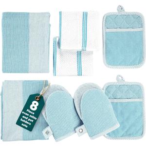 Casa Platino Oven Mitts and Pot Holders Sets, 8-Piece  500F Heat Resistant Mini Oven Mitt with Silicone Grip, Potholders for Kitchens, 2 Kitchen Towels & 2 Dish Cloths  Non-Slip & Durable  Aqua